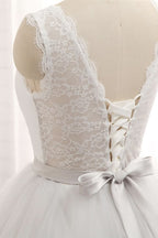 Princess Jewel Neck Long Wedding Dress with Tulle Lace BM bride