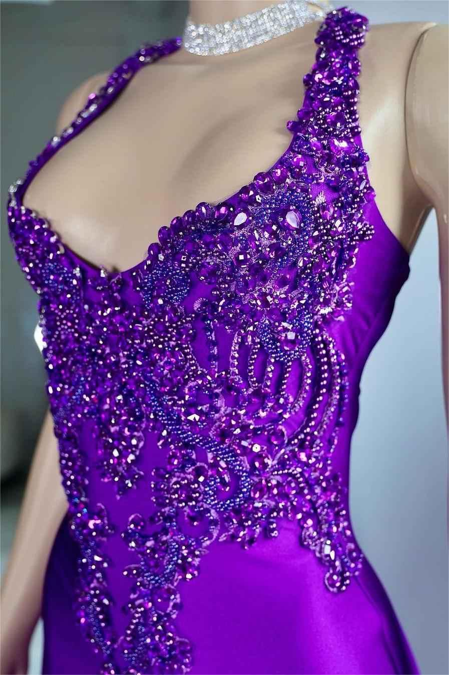 Stunning Purple Halter Sleeveless Mermaid Long Split Prom Dress With Appliques