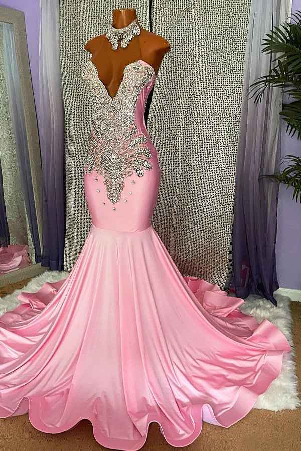 Mermaid Strapless Pink High Neck Sleeveless Prom Dress Beaded With Appliques
