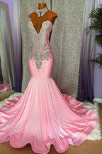 Mermaid Strapless Pink High Neck Sleeveless Prom Dress Beaded With Appliques
