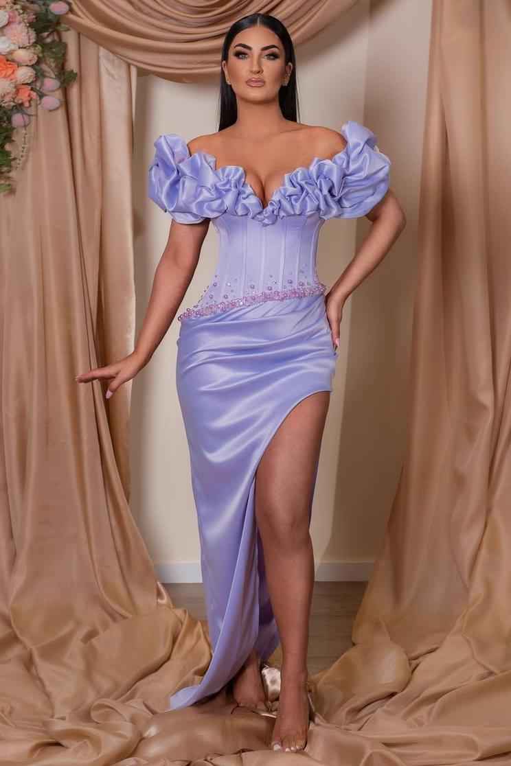 Off the Shoulder Sleeveless Long Split Prom Dress With Beading