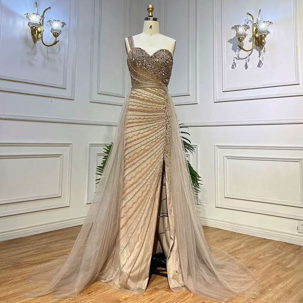 Sleeveless Mermaid Evening Dress with Split, One Shoulder, Sequins, and Tulle BM bride