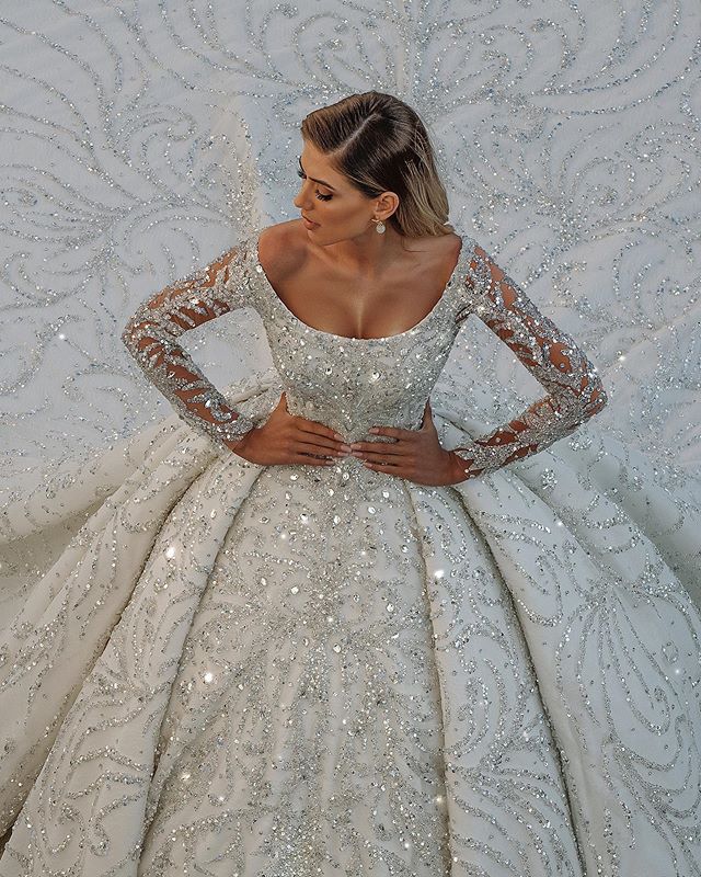 Long Ball Gown Satin Off-the-Shoulder Backless Wedding Dress with Crystal and Sequins BM bride