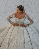 Long Ball Gown Satin Off-the-Shoulder Backless Wedding Dress with Crystal and Sequins BM bride