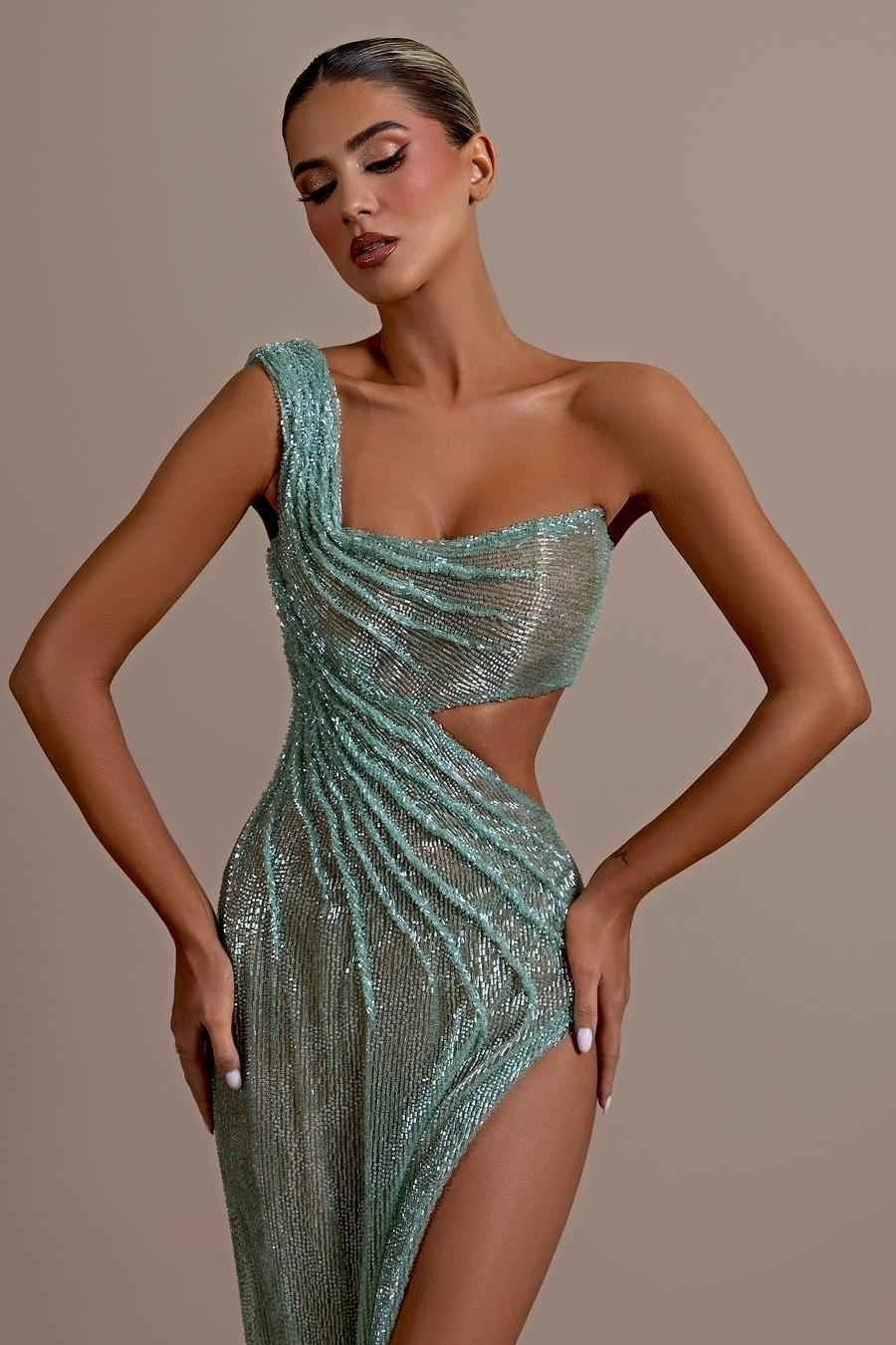 One Shoulder Sleeveless Backless Long Prom Dress With High Split