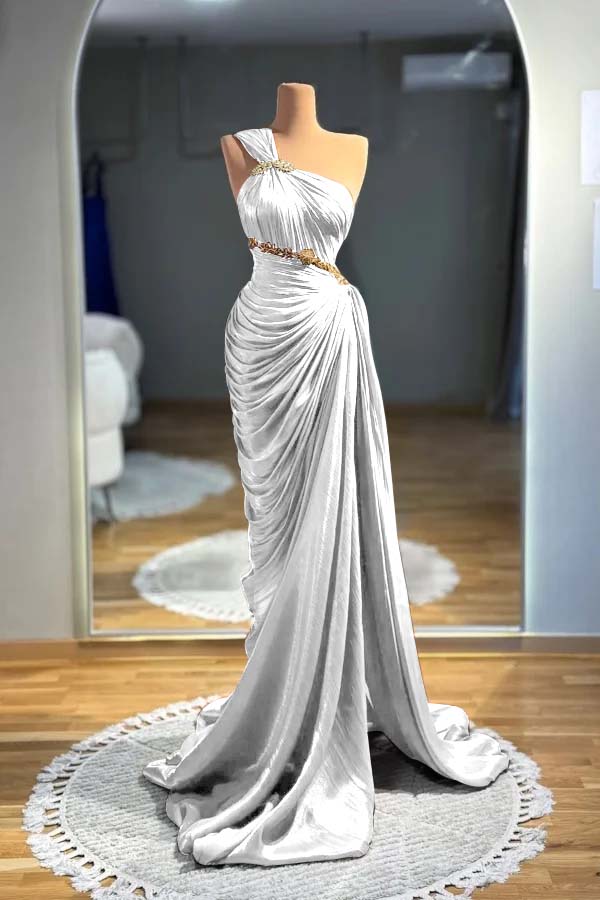 One Shoulder Sleeveless Long Mermaid Prom Dress With Pleated BMBRIDE