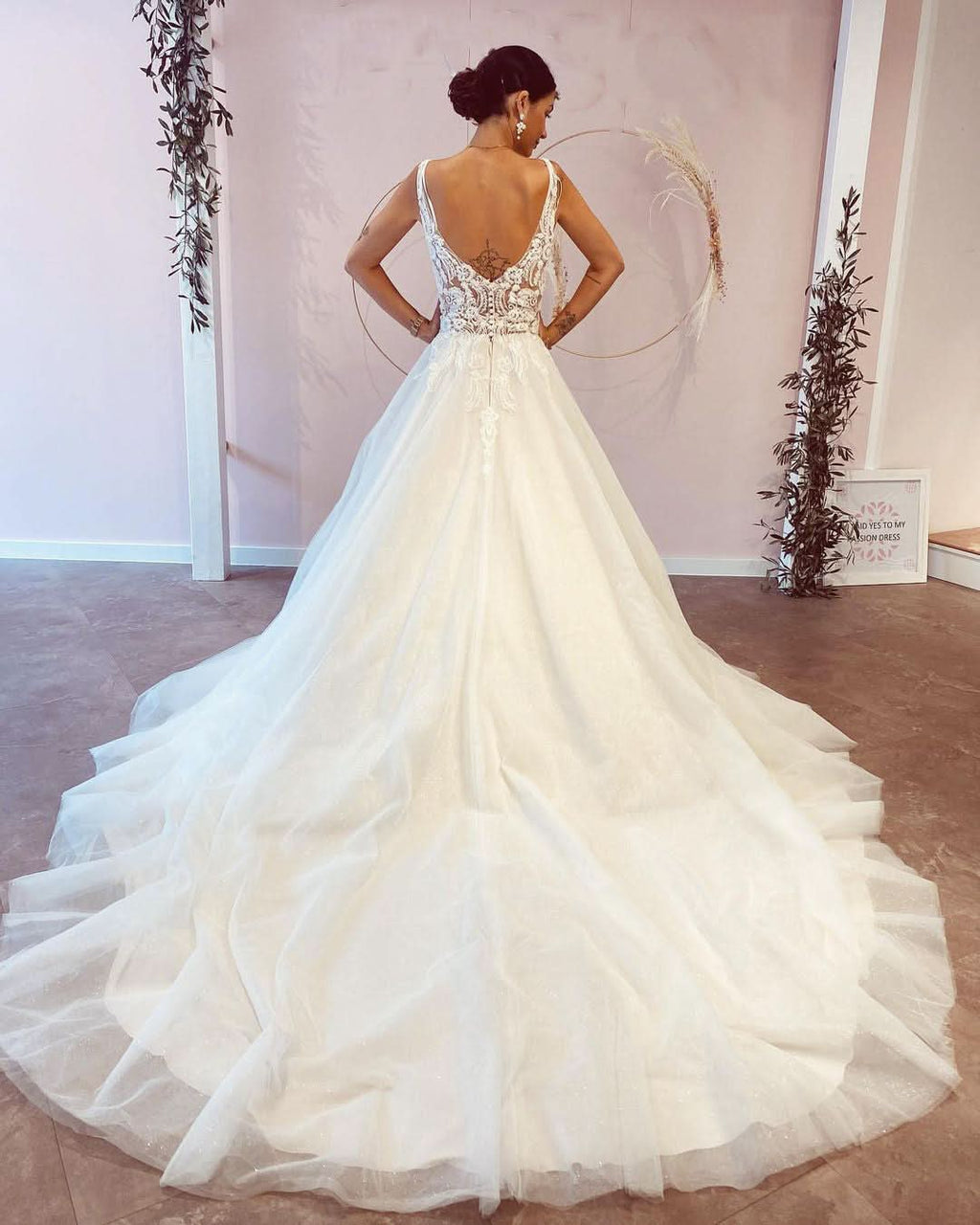 Elegant A-Line Deep V-Neck Backless Wedding Dress with Lace Appliques BM bride