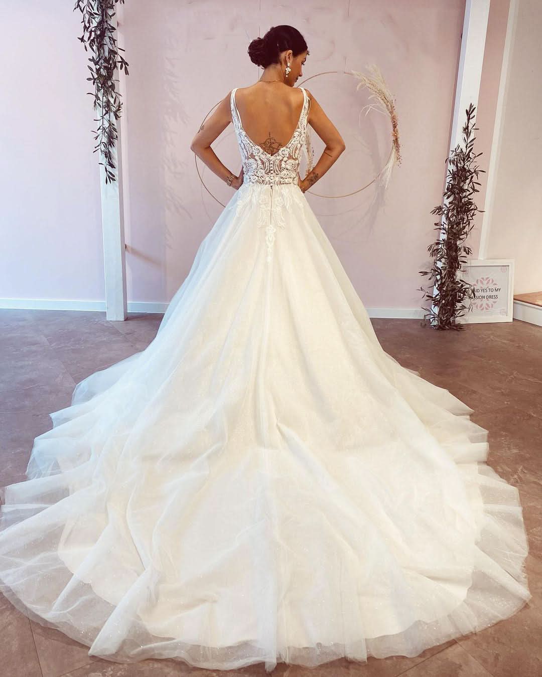 Elegant A-Line Deep V-Neck Backless Wedding Dress with Lace Appliques BM bride