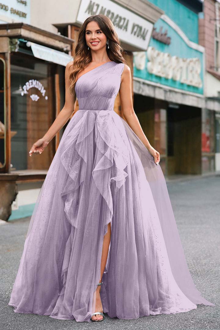 One Shoulder Sleeveless Long Split Prom Dress With Sequins Tulle