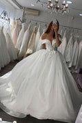 Shiny Off-the-Shoulder Ball Gown Wedding Dress with Lace and Sweetheart Neckline BM bride