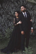 Black Long A-line Wedding Dress With Tulle Lace Sleeves BM bride