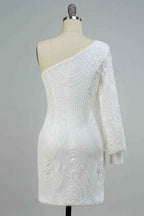 White Beaded Sequins One Shoulder Tight Homecoming Dress Bmbride