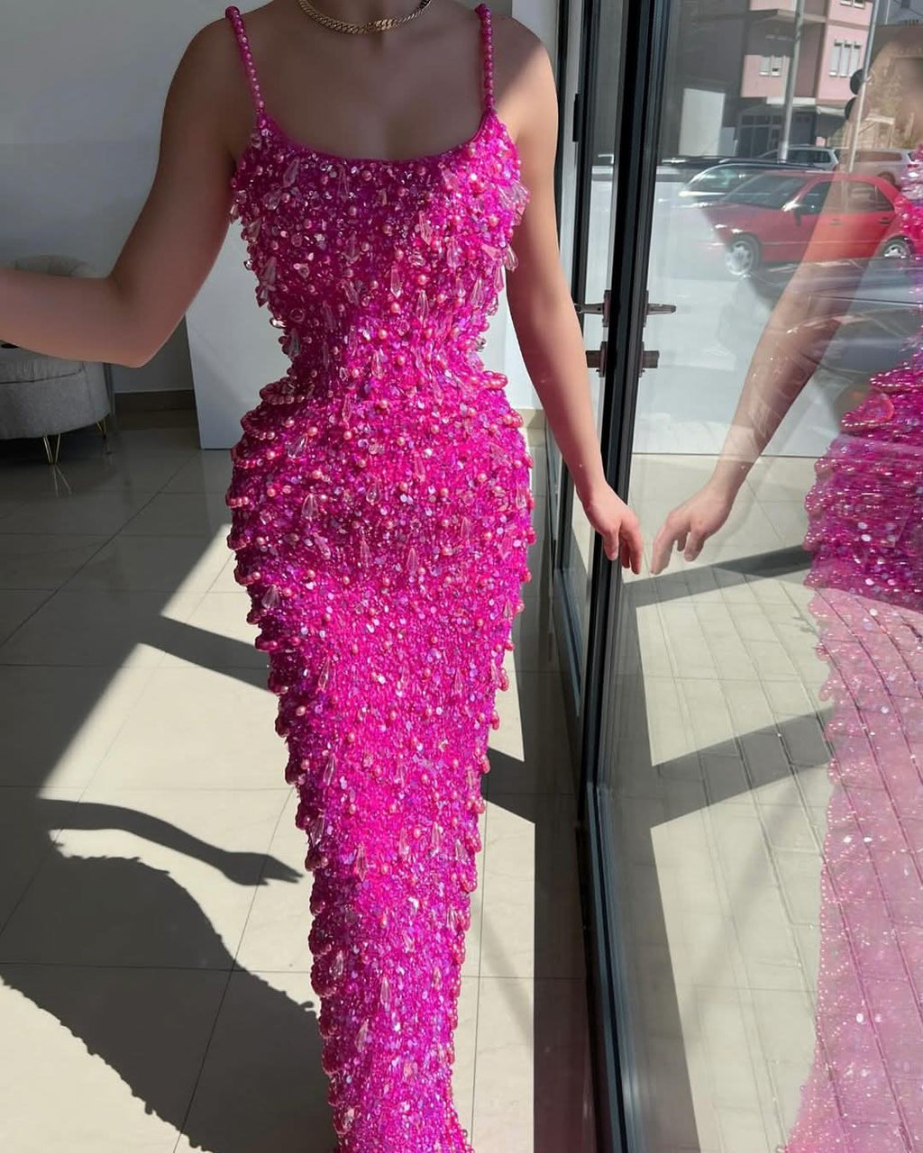 Fuchsia Acrylic Spaghetti-Straps Mermaid Prom Dress with Pearls Sequins BM bride