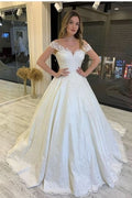 Classy A-Line Off-the-Shoulder Wedding Dress With Train Lace Appliques BM bride