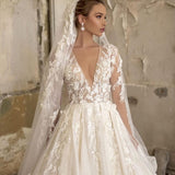 Deep V-neck Long Sleeves A-Line Wedding Dress With Lace Appliques Ruffles Tulle BM bride