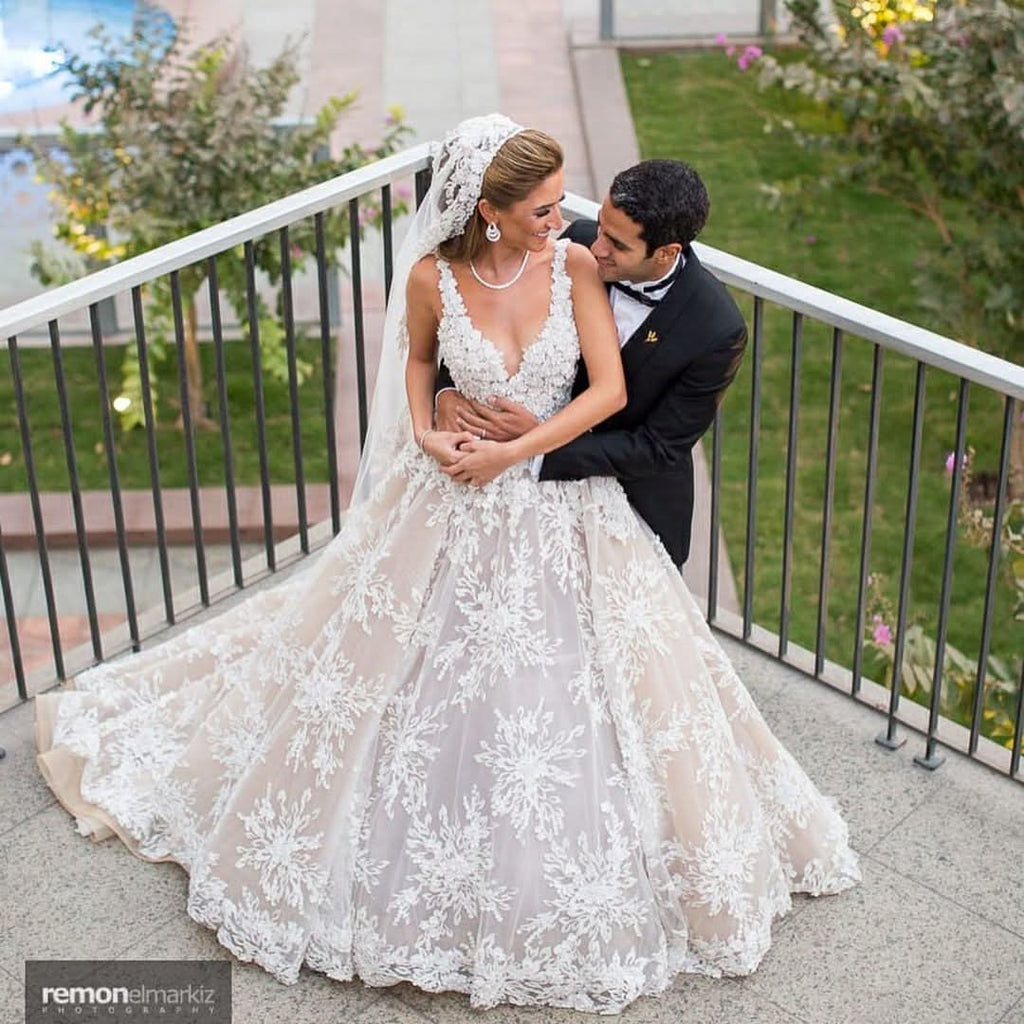 Spaghetti Straps Sweetheart A-Line Wedding Dress Attractive With Floral Lace Tulle BM bride