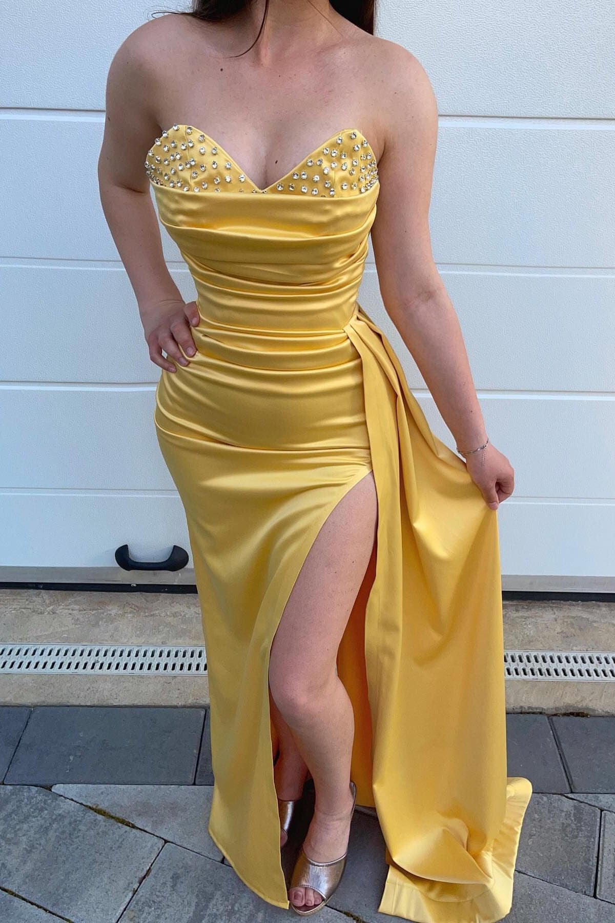 Yellow Sweetheart Mermaid Evening Dress with Beads, Split, and Ruffles BM bride