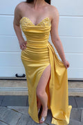 Yellow Sweetheart Mermaid Evening Dress with Beads, Split, and Ruffles BM bride