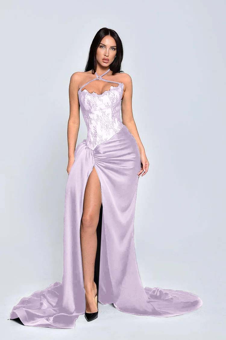 Black Halter Sleeveless Appliques Long Prom Dress With High Split