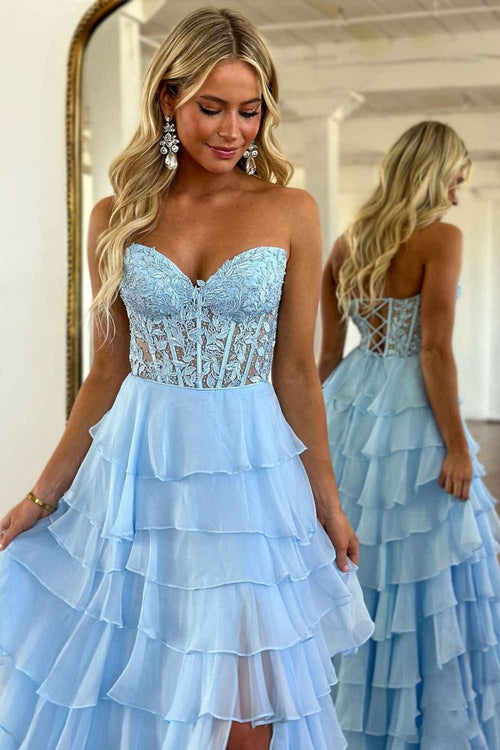 A Line Sweetheart Light Blue Long Tiered Chiffon Prom Dress with Appliques BMBRIDE