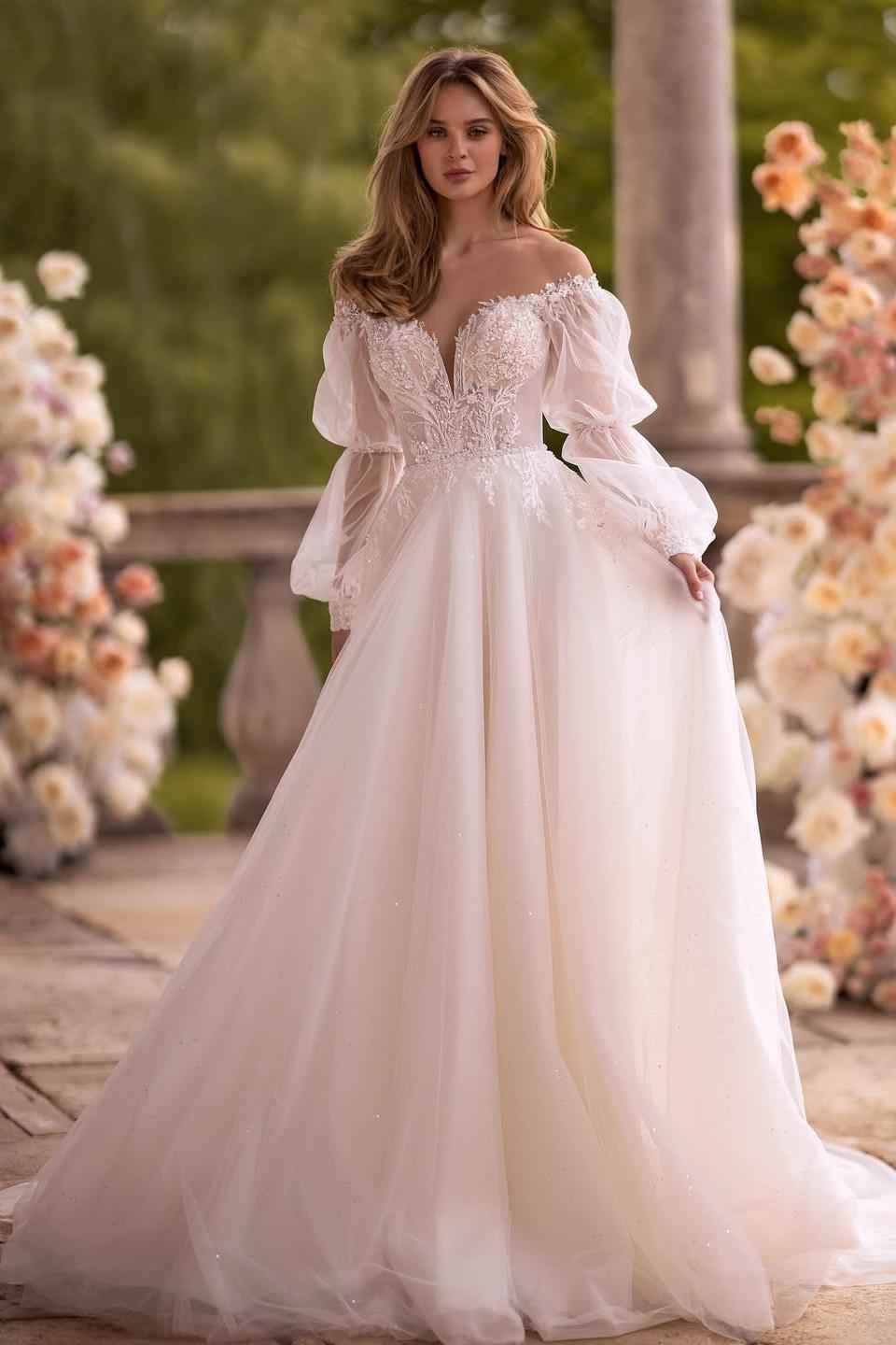 Off the Shoulder Long Sleeves Long Prom Dress With Appliques