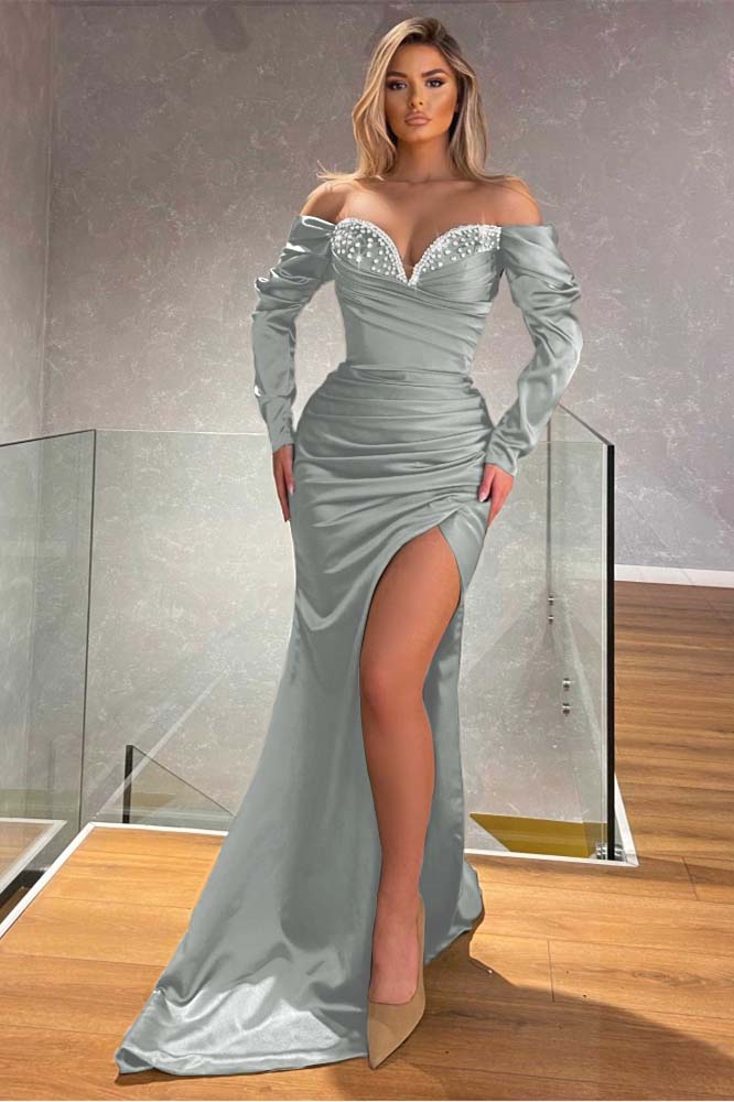 Off the Shoulder Long Sleeves Mermaid Long Prom Dress With Beading BMBRIDE