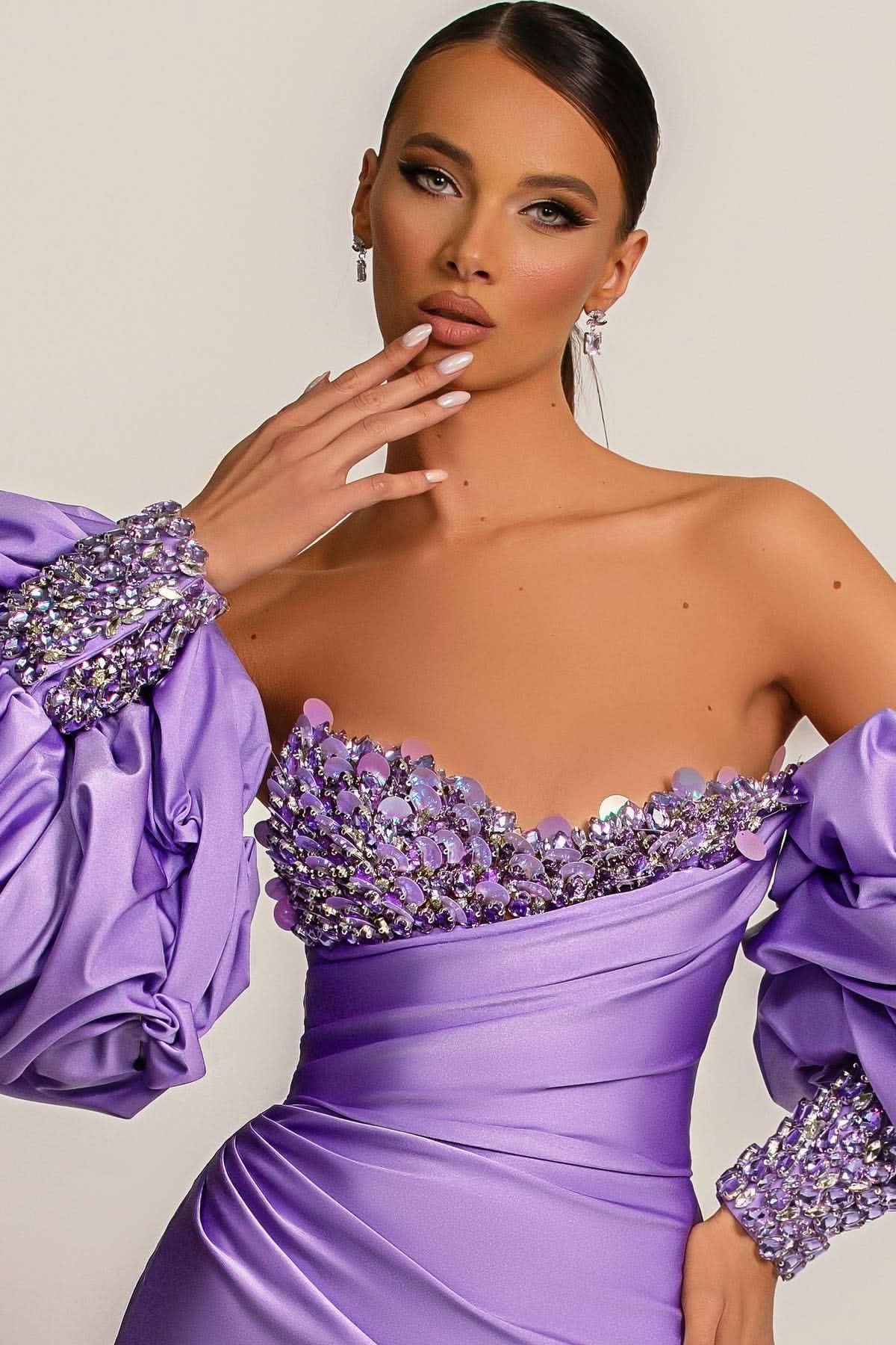 Purple Mermaid Prom Dress with Bubble Sleeves BM bride