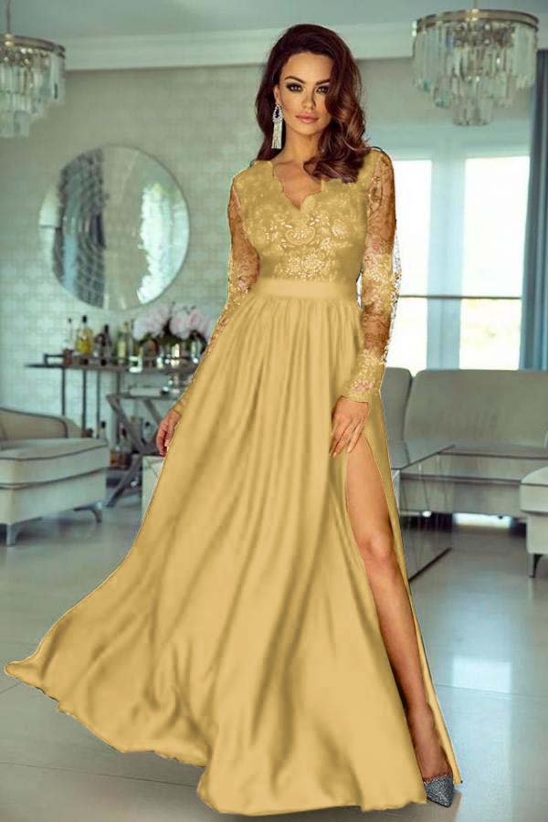 Charming V Neck Long Sleeves Lace A Line Long Prom Dress With Side Split BMBRIDE