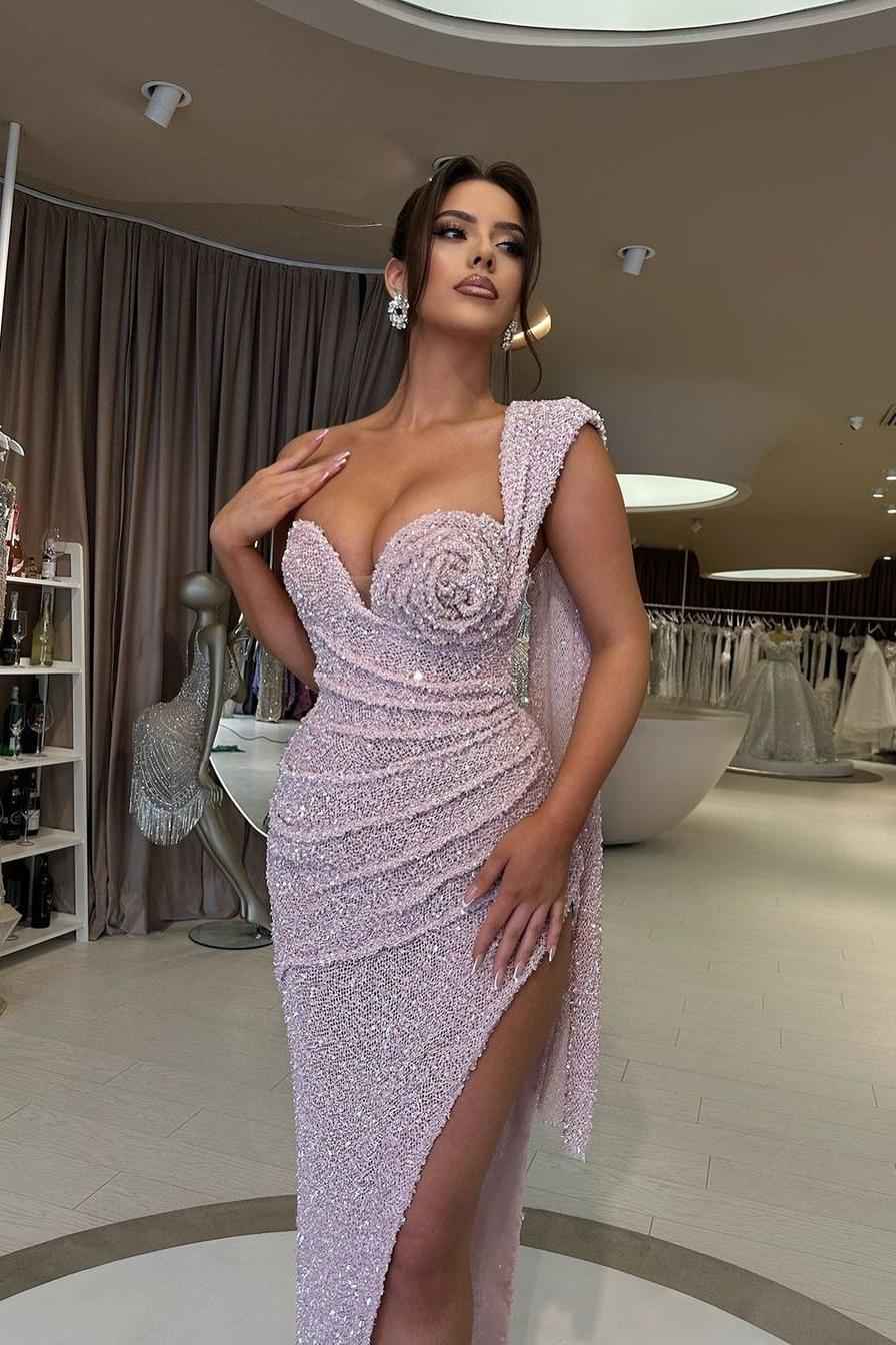 One Shoulder Sleeveless Sequins Long Pleated Prom Dress With High Split