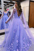 Lavender Tulle Spaghetti Strap A Line Sequins Long Prom Dress With Appliques