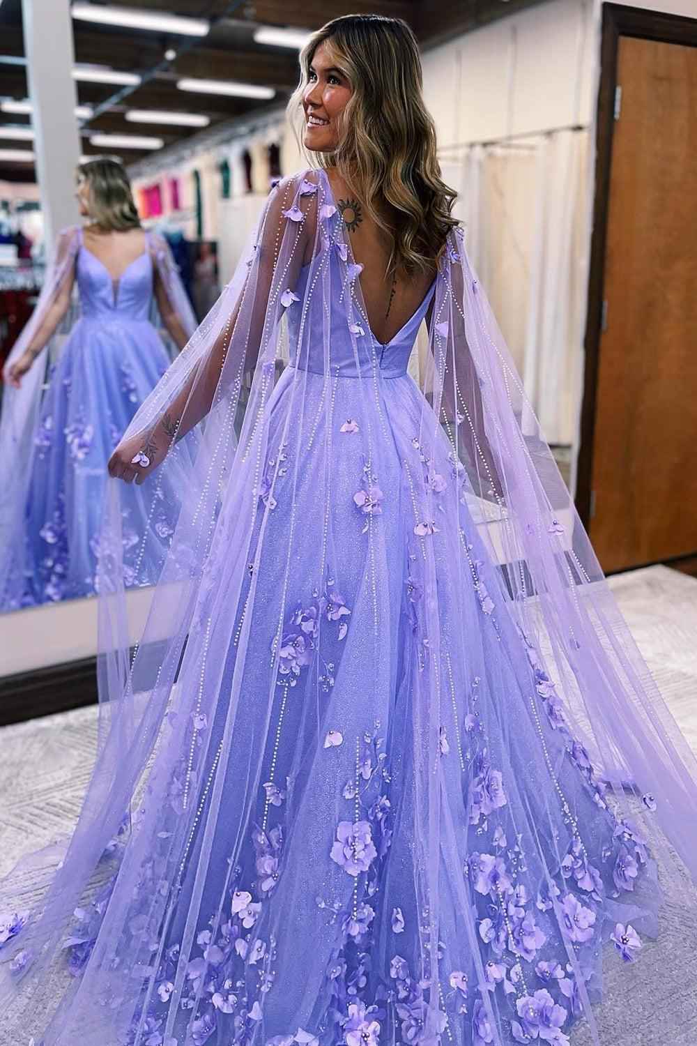 Lavender Tulle Spaghetti Strap A Line Sequins Long Prom Dress With Appliques