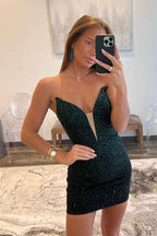 Black Sparkly Strapless Beaded Tight Short Homecoming Dress