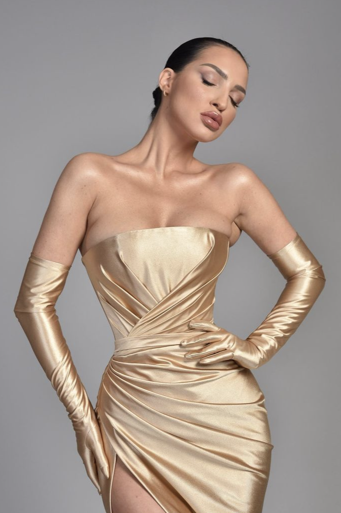 Champagne Half Sleeves Off-the-Shoulder Evening Dress with Pleated Slit BM bride
