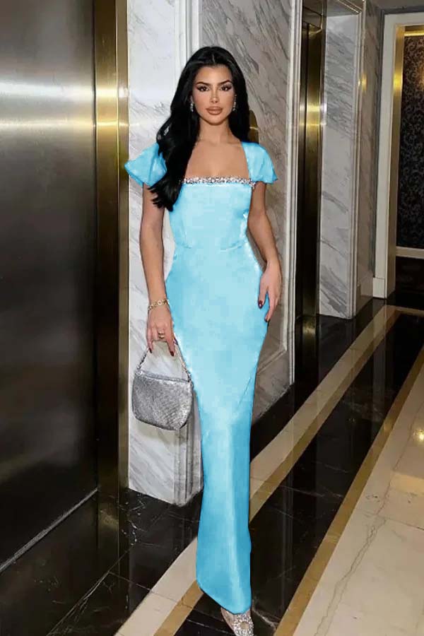 Sleeveless Square Neck Long Mermaid Prom Dress With Pleated Beading