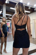 Sparkly Fuchsia Sequins One Shoulder Tight Short Homecoming Dress Bmbride