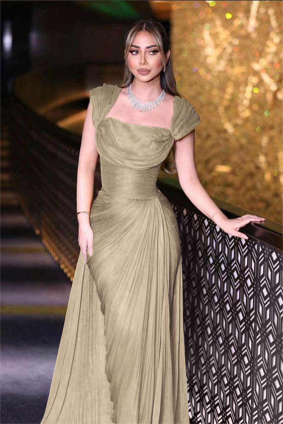 Daffodils Square Neck Sleeveless High Waist Long Pleated Prom Dress With Split BMBRIDE