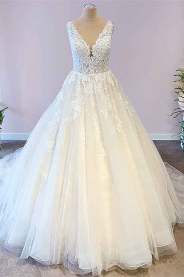 Wide Strap A-Line Floor-Length Tulle Wedding Dress with Lace Appliques BM bride