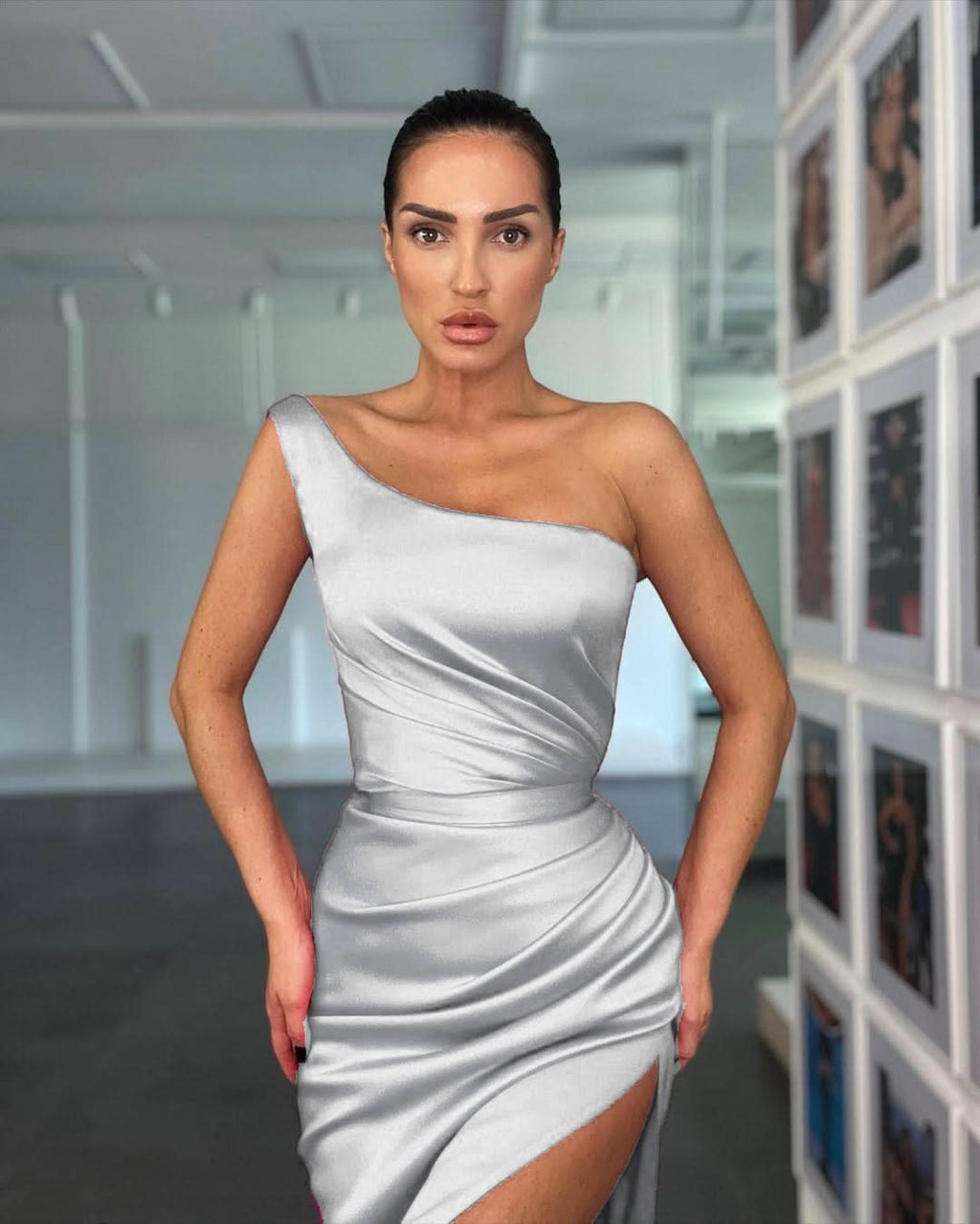 Elegant Rose One Shoulder Evening Dress with Sleeveless and Slit BM bride