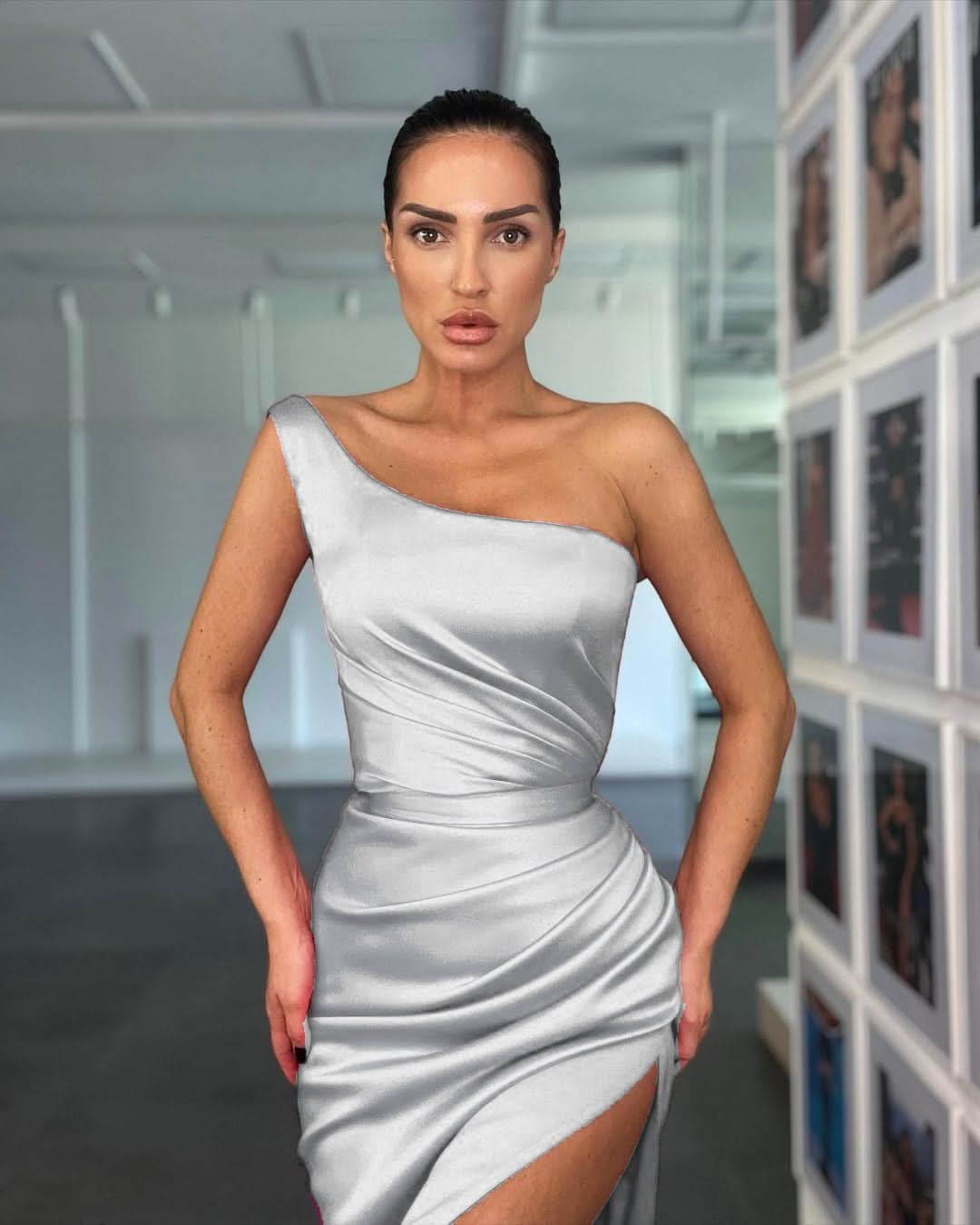 Elegant Rose One Shoulder Evening Dress with Sleeveless and Slit BM bride