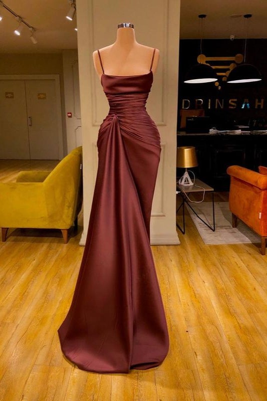 Cabernet Spaghetti Strap Sleeveless Pleated Prom Dress Mermaid With Ruffles