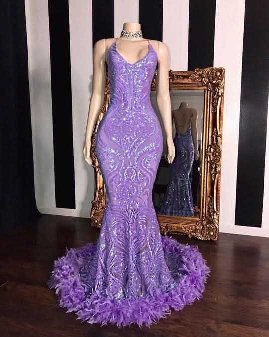 Gorgeous Sleeveless Sequin Lace Prom Dress Mermaid with Feather BM bride