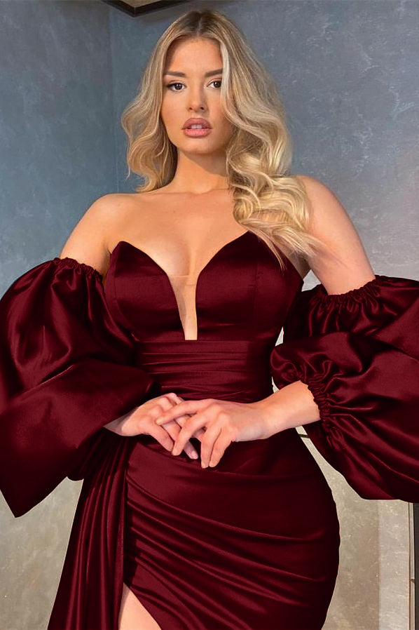 Shiny V-Neck Evening Prom Dress with Detachable Sleeves, Ruffles, and Split BM bride