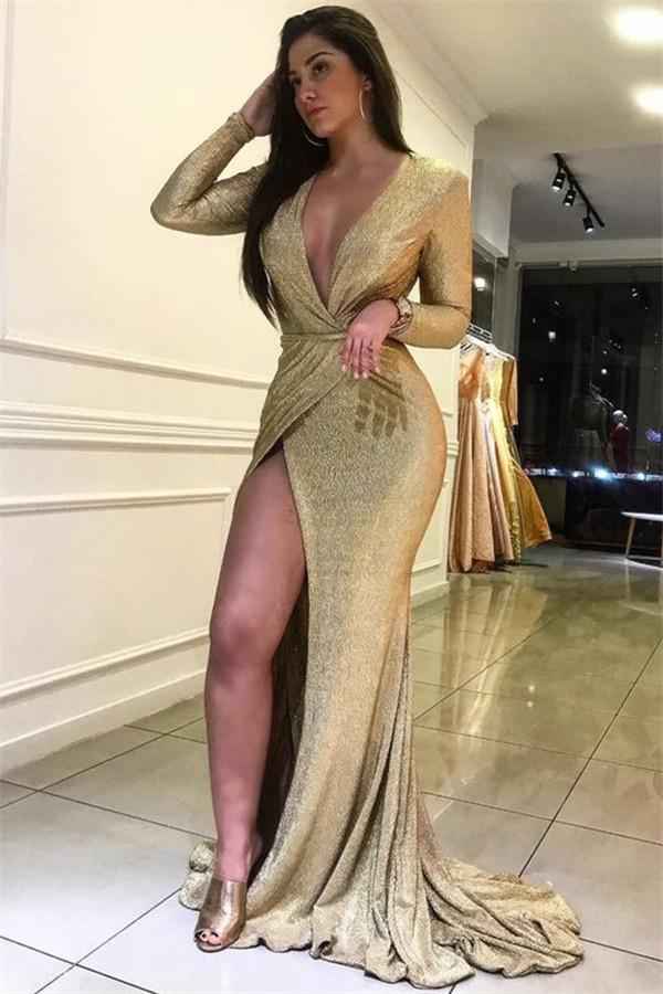 Long Sleeves Modern Deep V Neck Long Ruffles Prom Dress With High Split