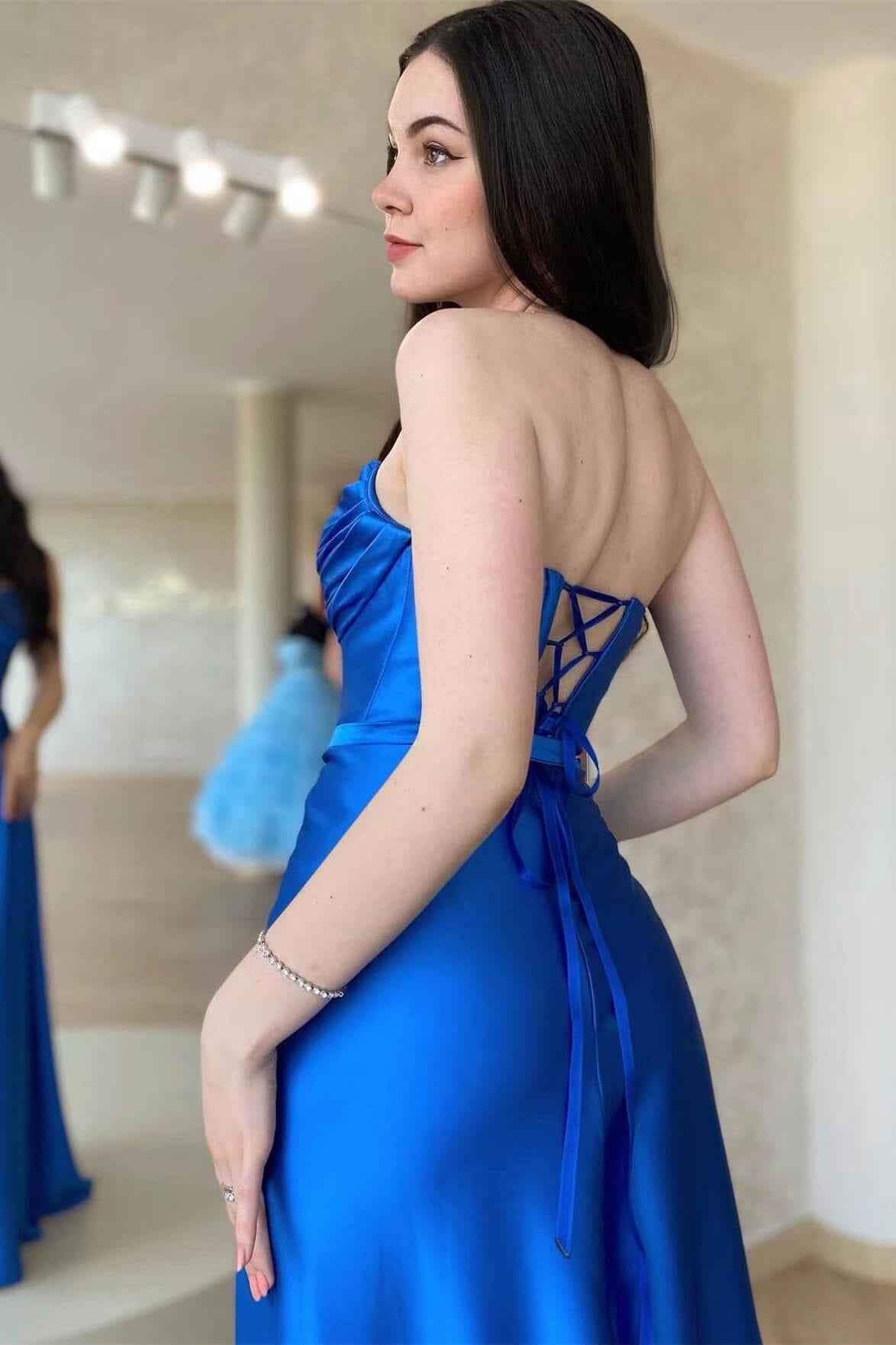 Strapless Royal Blue Sleeveless High Waist Pleated Prom Dress With Split