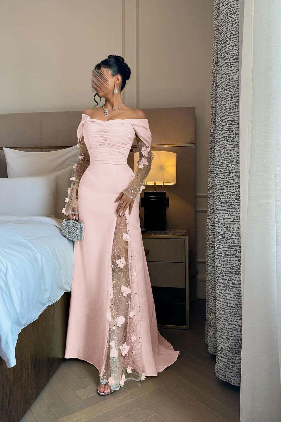 Off the Shoulder Long Sleeves Long Prom Dress With Split Appliques BMBRIDE
