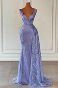 Charming Violet V Neck Mermaid  Prom Dress With Beadings Sequins