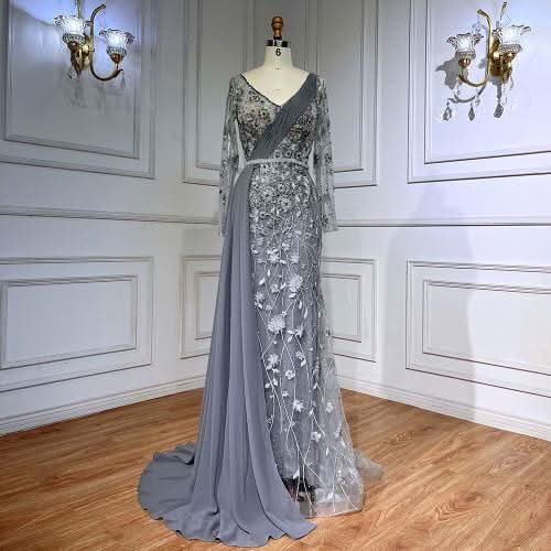 Pink Long Sleeve Evening Dress with Chiffon Train, Beaded Lace Printing BM bride