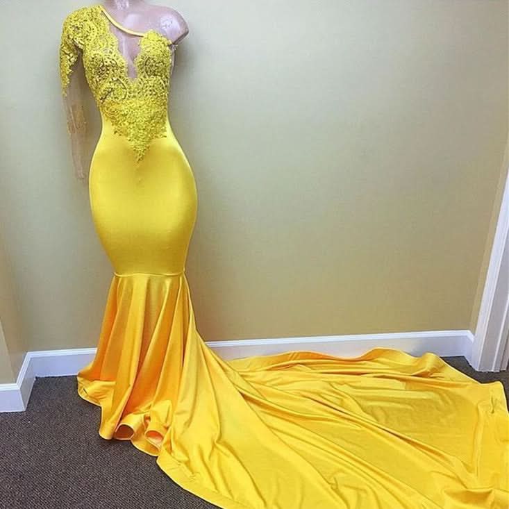 Yellow One-Shoulder Long Sleeve Mermaid Prom Dress with Appliques BM bride