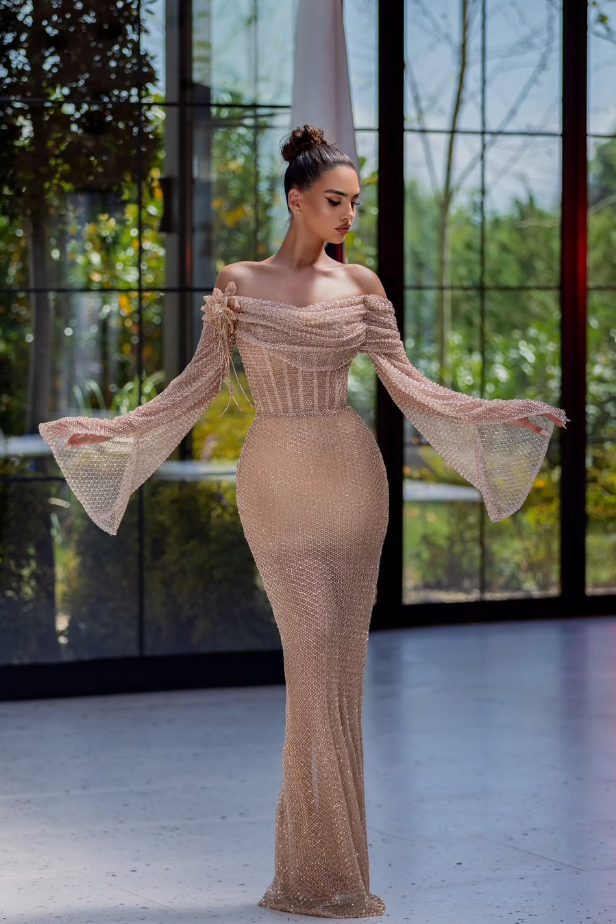 Off the Shoulder Long Sleeves Long Prom Dress With Appliques