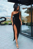Elegant One Shoulder Black Front Split Evening Dress Online with Sleeveless BM bride